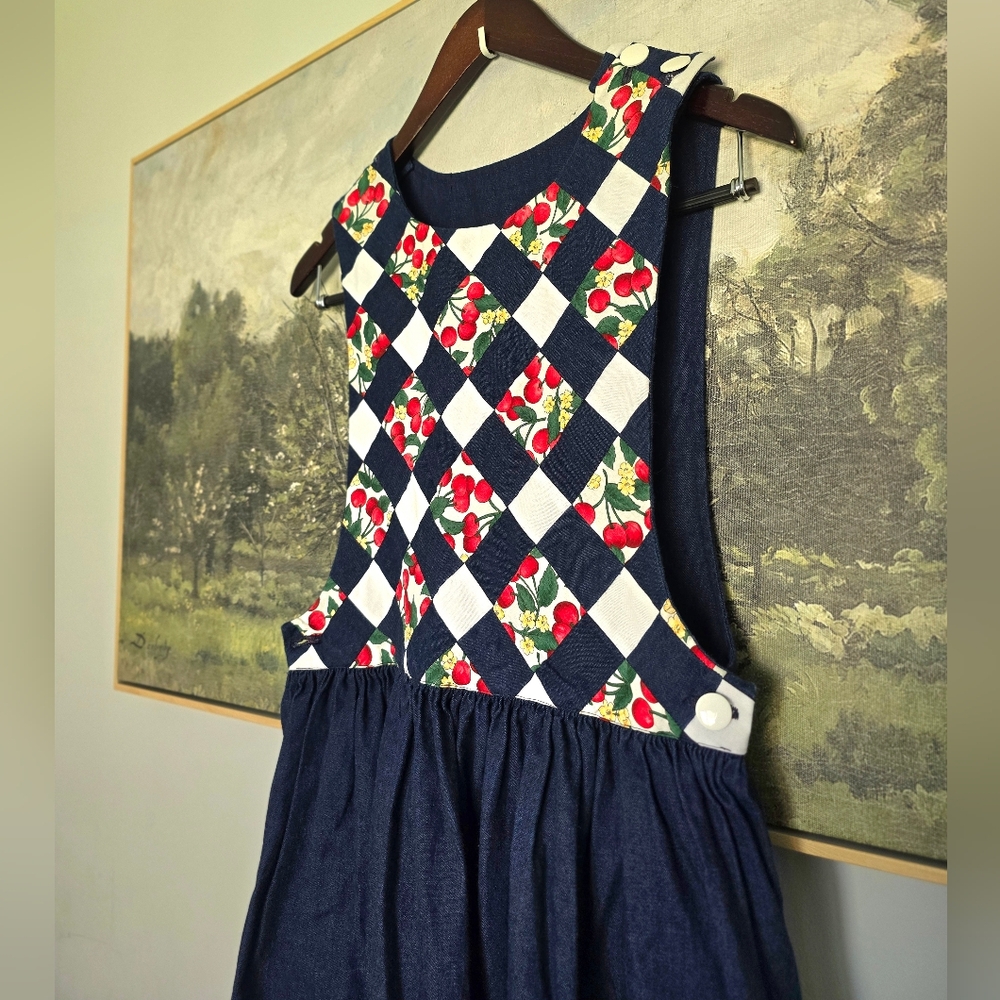 Quilted Cherry Pinafore Dress - Handmade Boho Heirloom - Picture 2 of 12